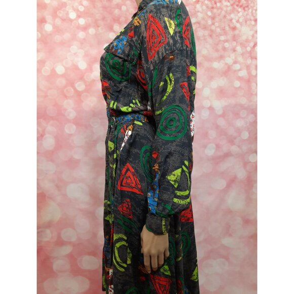 Vintage 80s African Tribal Print Belted Shirt Dress Size S Midi With Pockets - Picture 8 of 12